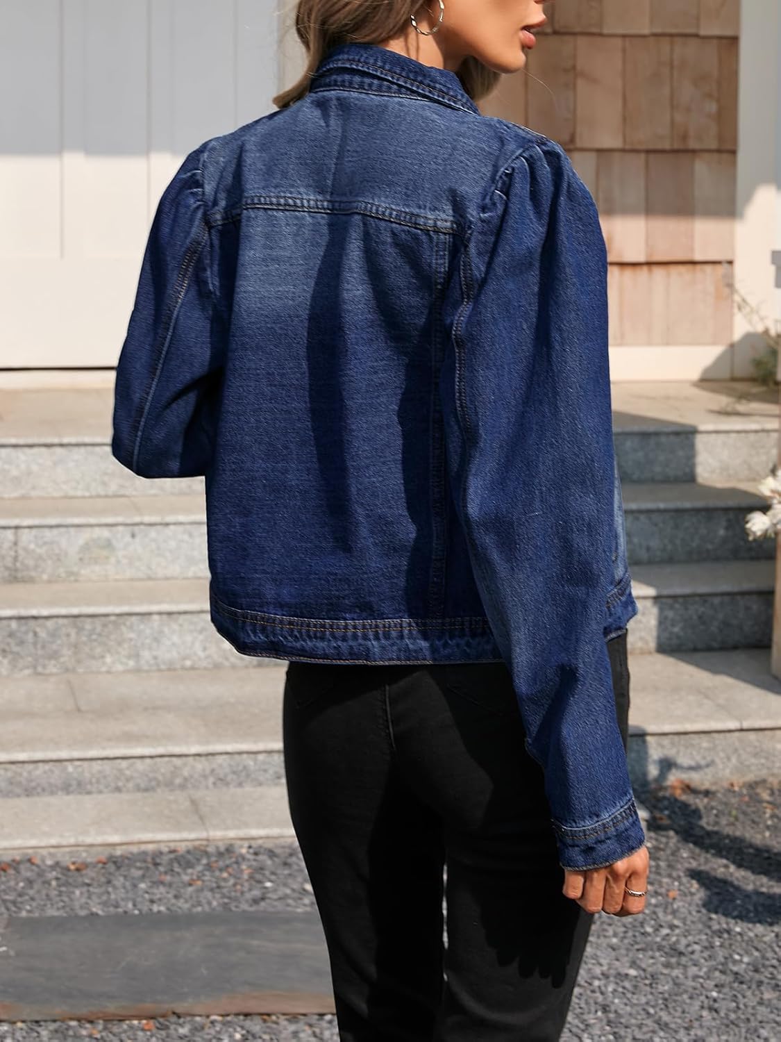 LifeShe Women’s Cropped Denim Jacket Puff Sleeve Button Down Jean Coat Vintage Short Denim Outerwear Casual Streetwear - Image 3