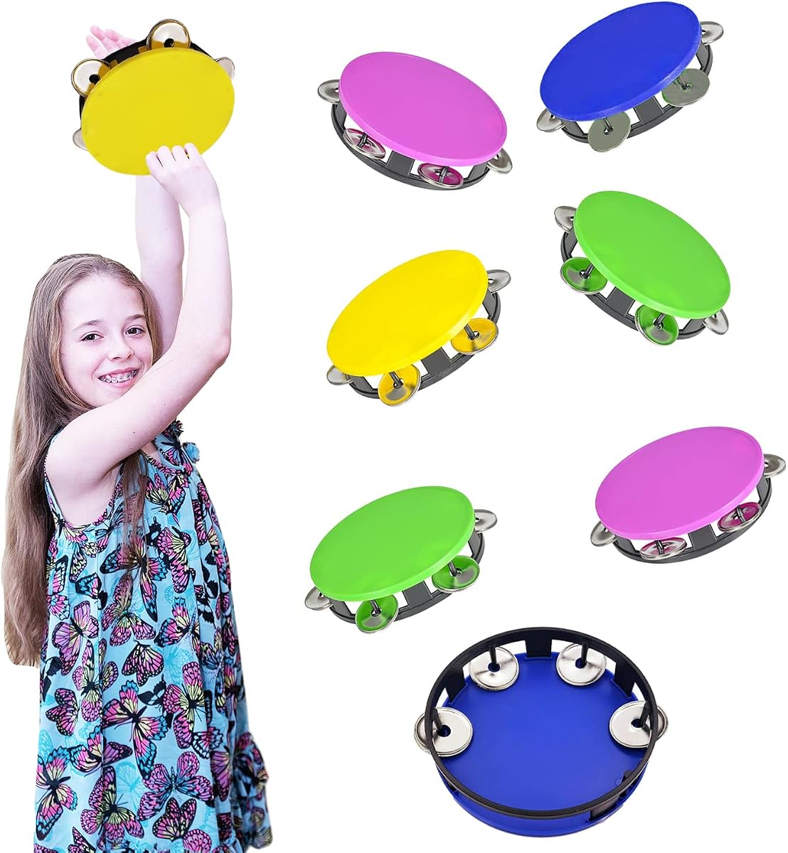 The Dreidel Company Tambourines for Kids Hand Held, 5.5" Inch Tambourine Assorted Colors, Ring Metal Jingles Percussion Musical Educational Hand Instrument, Party Kids Band (6-Pack)
