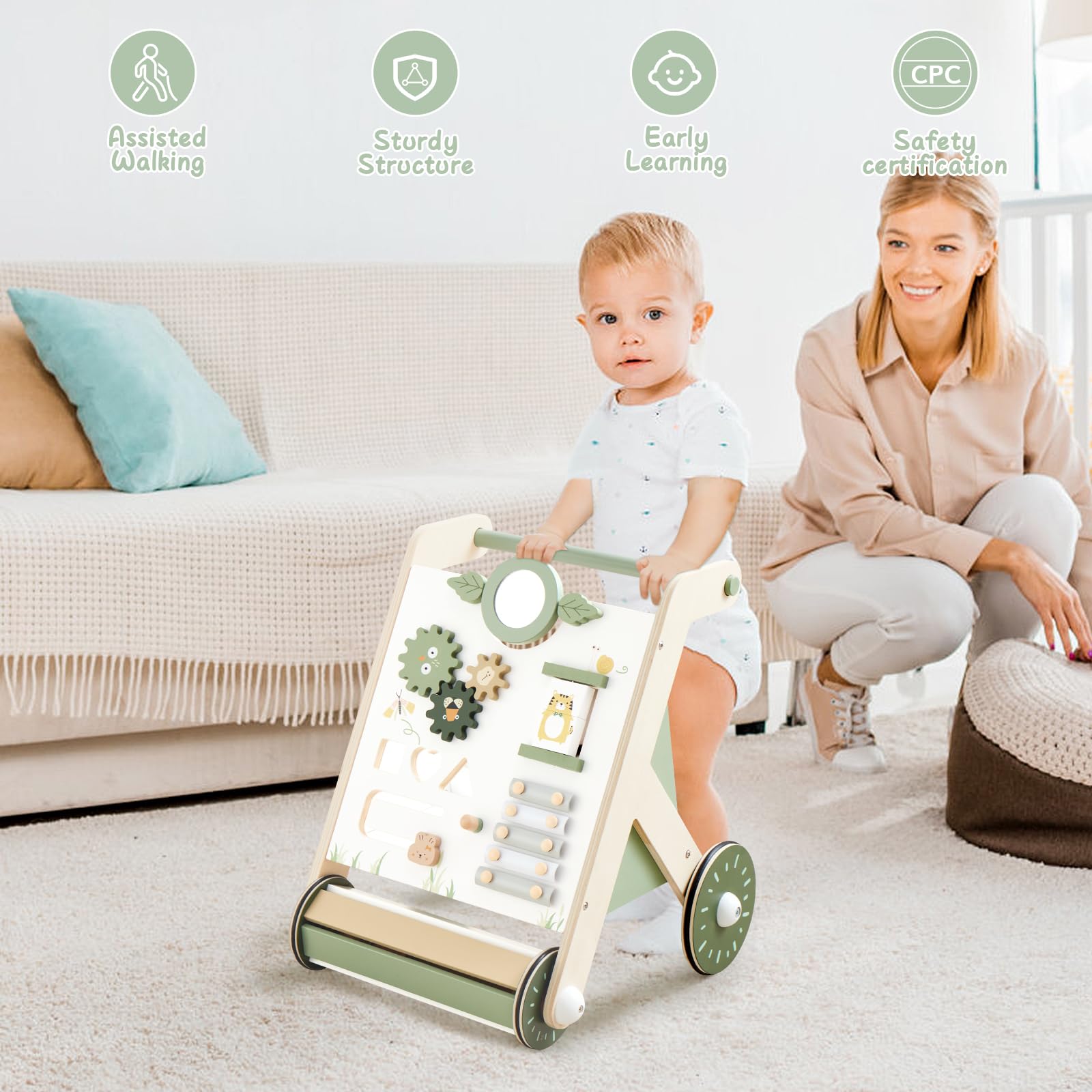 Beright Wooden Baby Walker with Roller Upgraded, Push and Pull Learning Activity Walker, Multi-Functional Kids’ Activity Toys, Develops Motor Skills & Stimulates Creativity, Green