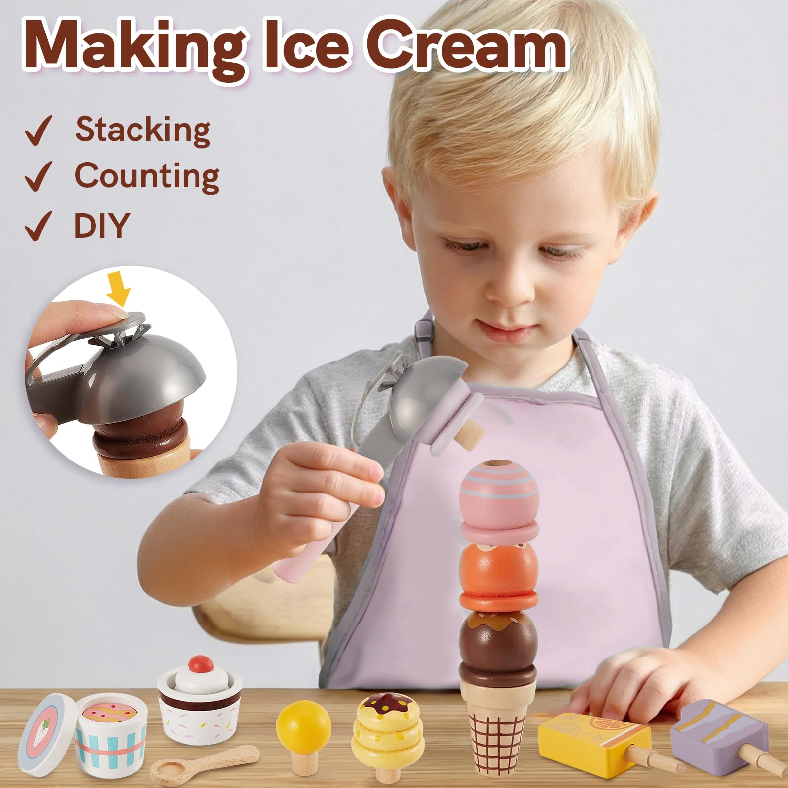 HERSITY Jouet Glacier en Bois pour Enfant avec Stand de Glace, Accessoires Cuisine Desserts Jeu Educatif Enfants Jouet Cadeau pour Garçon Fille 2 Ans+ (‎Rose)