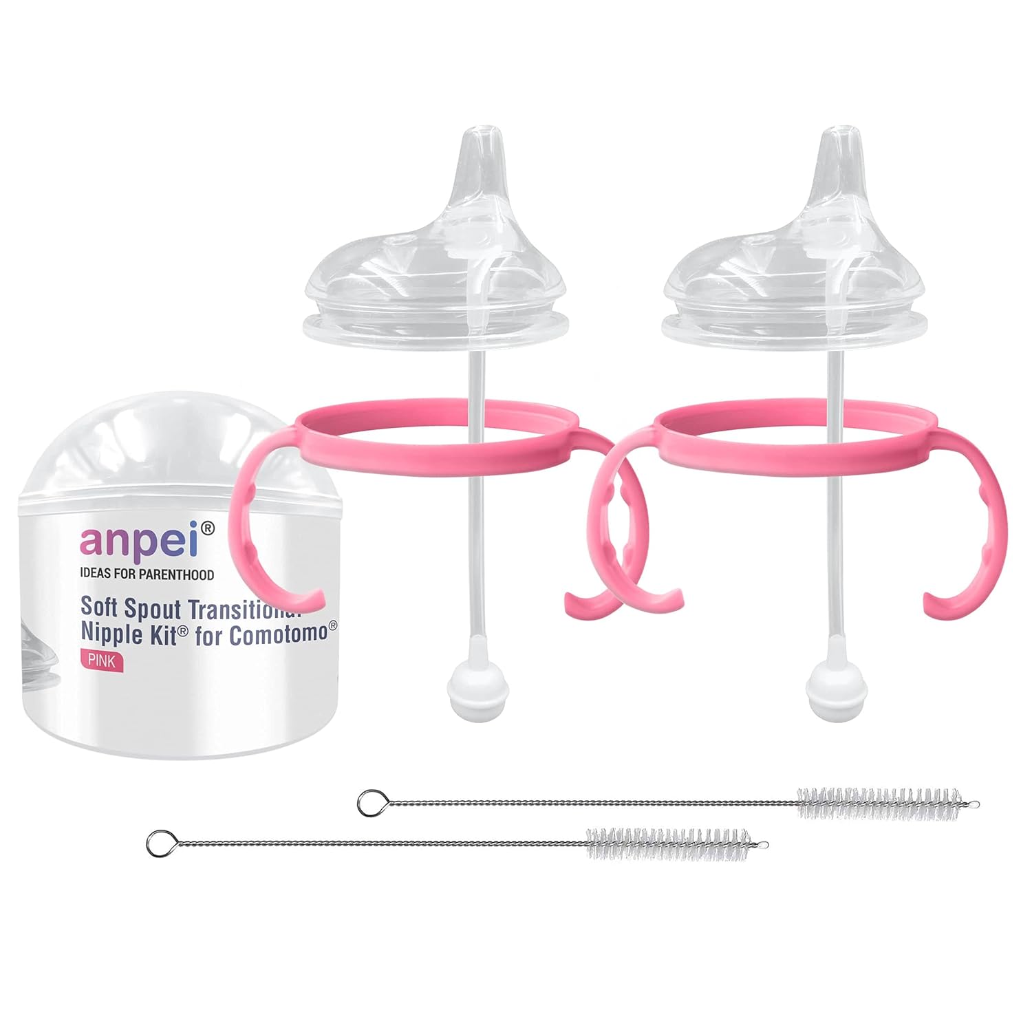 Sippy Cup Soft Spout Transitional Nipple Kit Bundle Compatible with Comotomo Baby Bottles, 5 oz and 8 oz | Value Bundle 2 Kits + Brushes (Pink)