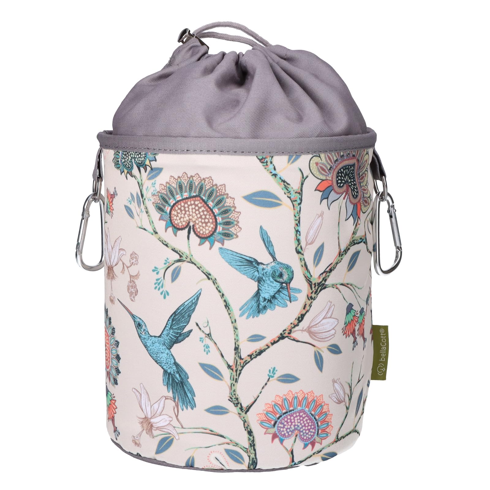 bellaCott Portable Clothes peg Bag, Turquoise Hummingbirds – Ø 18 x 31 cm, 100% Cotton, with Drawstring & carabiners, Storage Bag with Bird Motif for Household, Garden & Camping