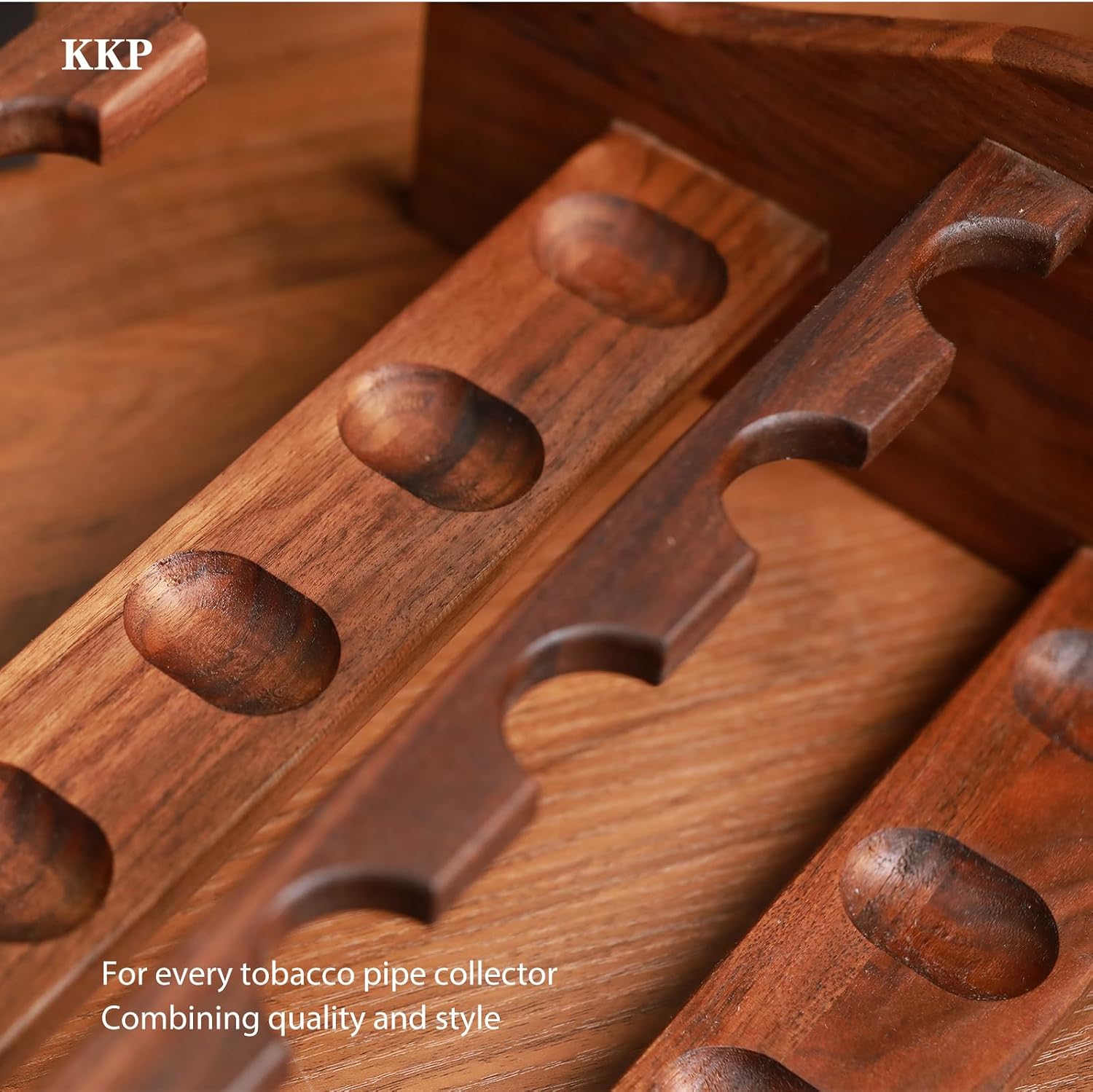 kkp Wooden Tobacco Pipe Display Rack – 10-Slot Dual-Level Stand, Handmade from Solid Black Walnut – Great Gift for Pipe Smokers
