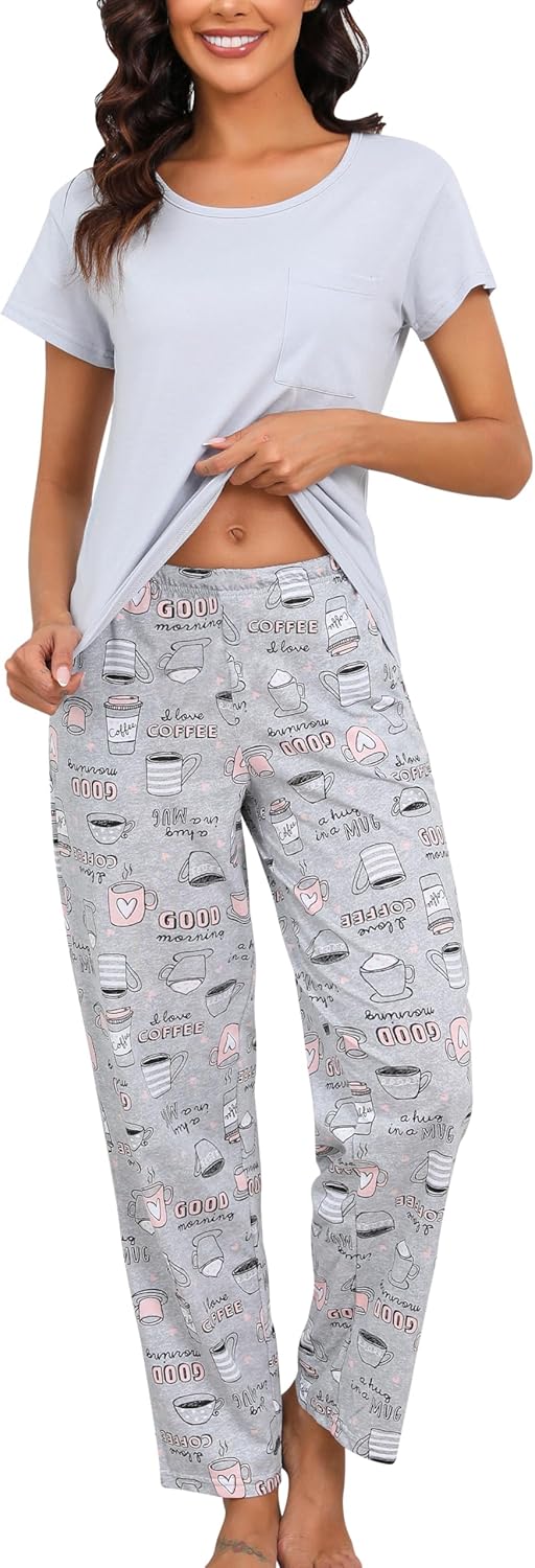 PNAEONG Womens Pajama Sets Cotton Lounge Sets for Women Short Sleeve Top With Pants 2 Piece pj sets With Pocket