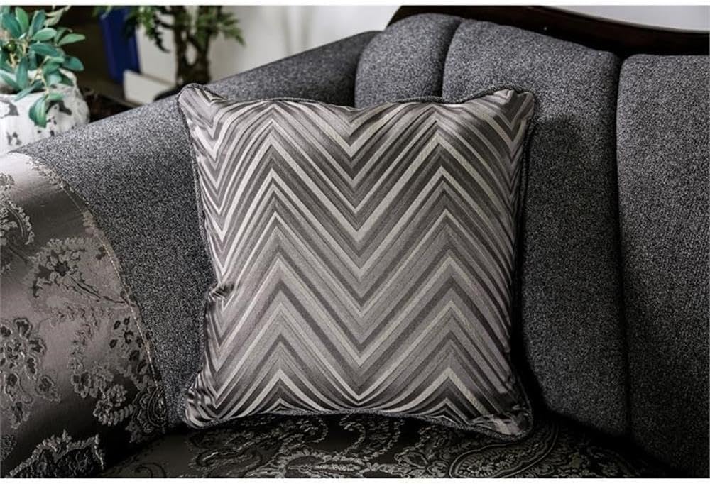 BOWERY HILL Traditional Upholstered Sofa, Gray and Silver Chenille Fabric, 93 in x 36 in x 40 in, Espresso Carved Wood Trim, Rolled Arms, Bun Feet, Accent Pillows, Living Room Seating