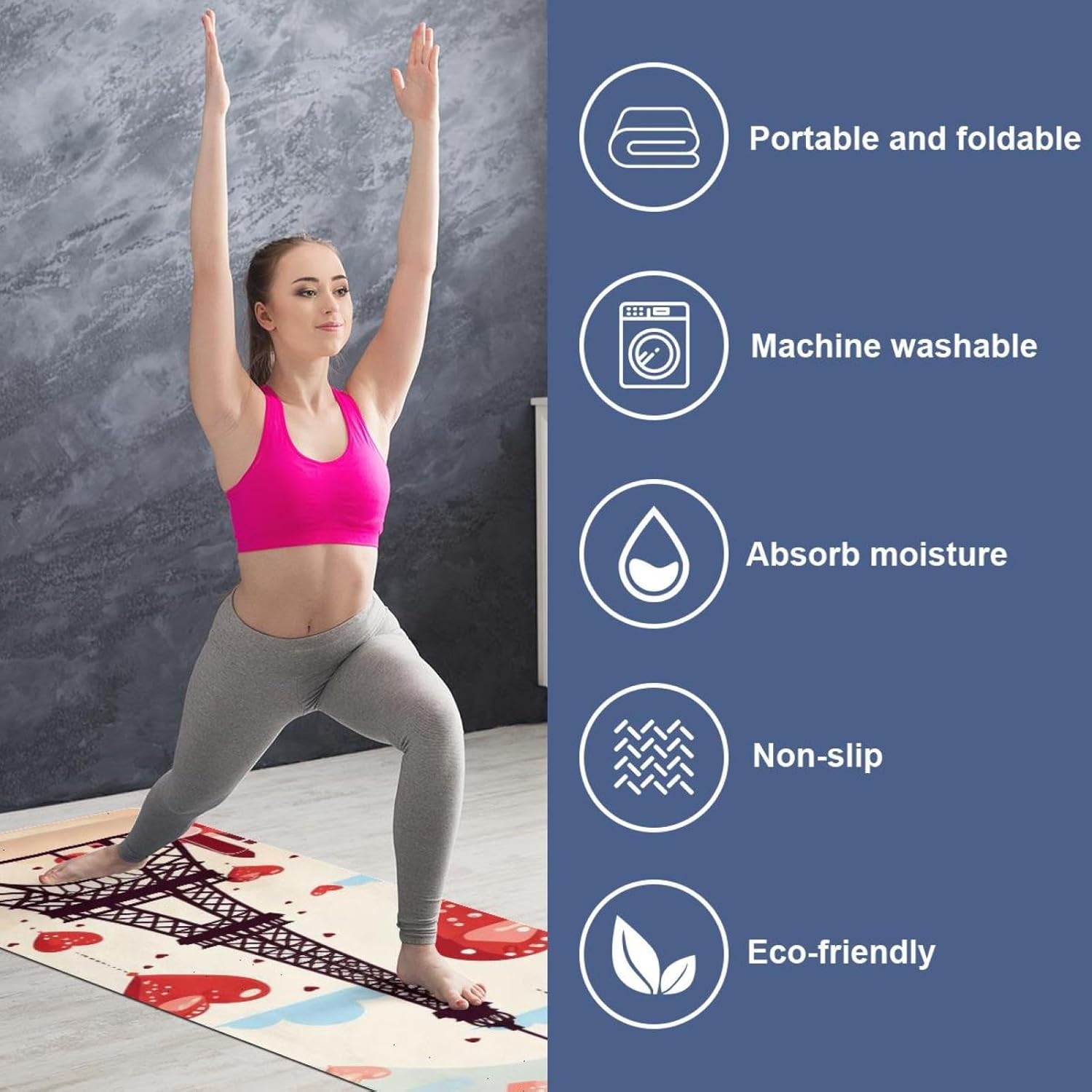 Yoga Towel, Eiffel Tower Valentine's Day Pattern Non Slip Sweat Absorbent Hot Yoga Mat Towel for Hot Yoga, Pilates and Fitness - 72.8" x 26.8"