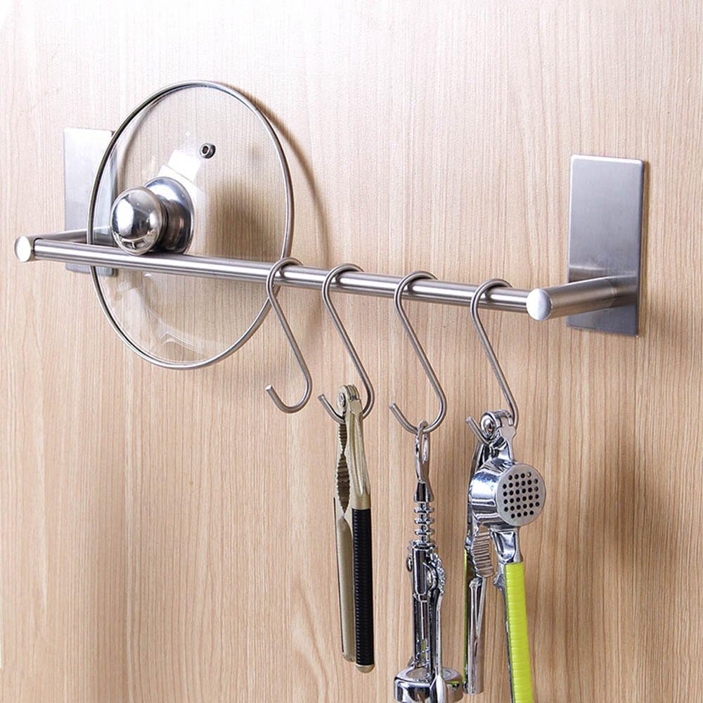 DEKOMORE Stainless Steel Towel Rail,Self-Adhesive Towel Bar with 5pcs S-SHAPED hook, 70 cm