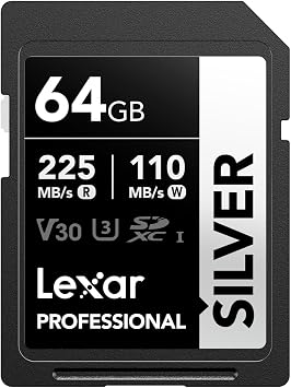 Lexar Silver 64GB SDXC Card Read Up to 225MB/s Write Up to 110MB/s UHS-I U3 V30 for Photographers, Filmmakers and Hobbyists