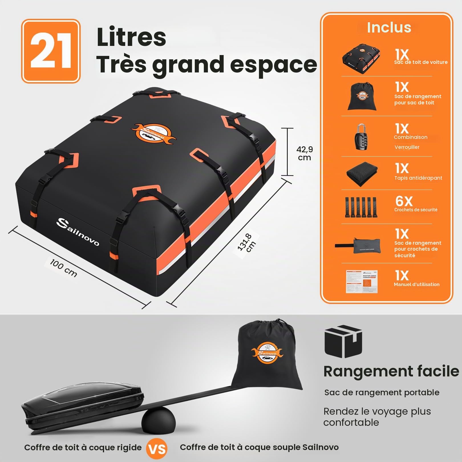 Sailnovo Coffre de Toit de véhicule Étanche Sac de Toit Voiture pour Voyage Résistant aux Intempéries avec Tapis Antidérapant, 6 Crochets de Porte et Cadenas à Combinaison, 590L 1000D PVC