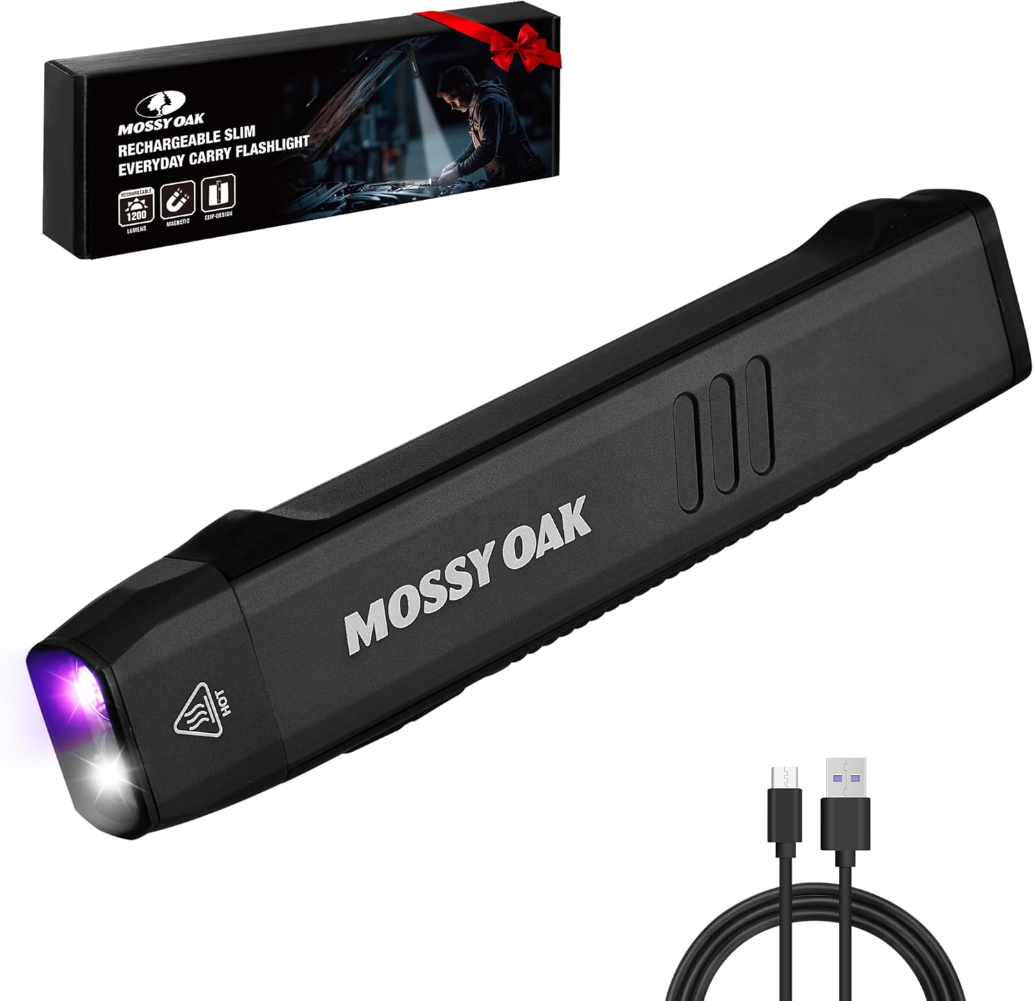 Mossy Oak Rechargeable EDC Flat Flashlight 1200 Lumens, Pocket Work Mild with Magnetic Base, UV & White Mild Combo, Waterproof LED Inspection Mild for Work, Outside Use and Emergencies – Black