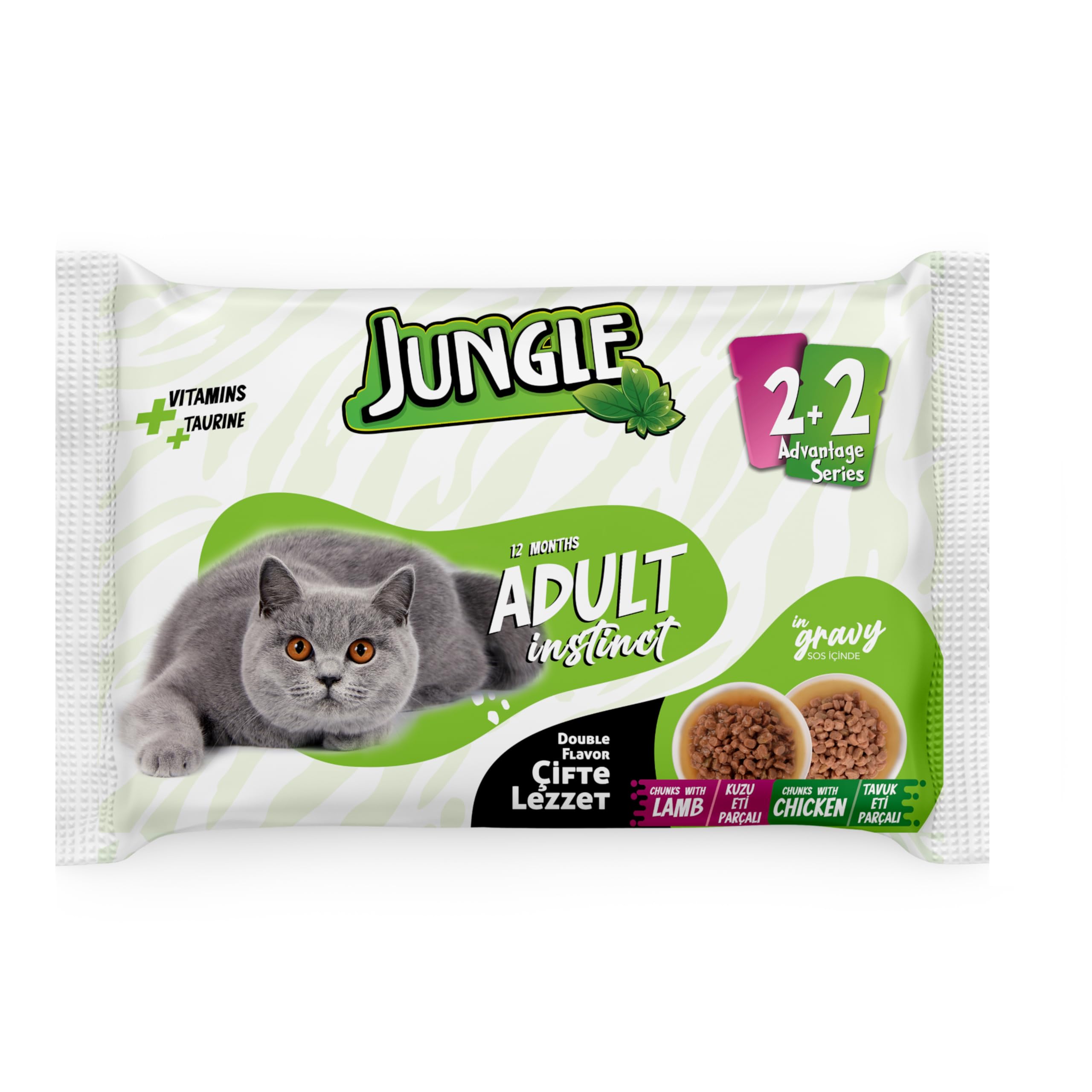 Jungle 4 x 100 Gr Çift Lezzet Pouch Yetişkin Kedi Kuzulu - Tavuklu