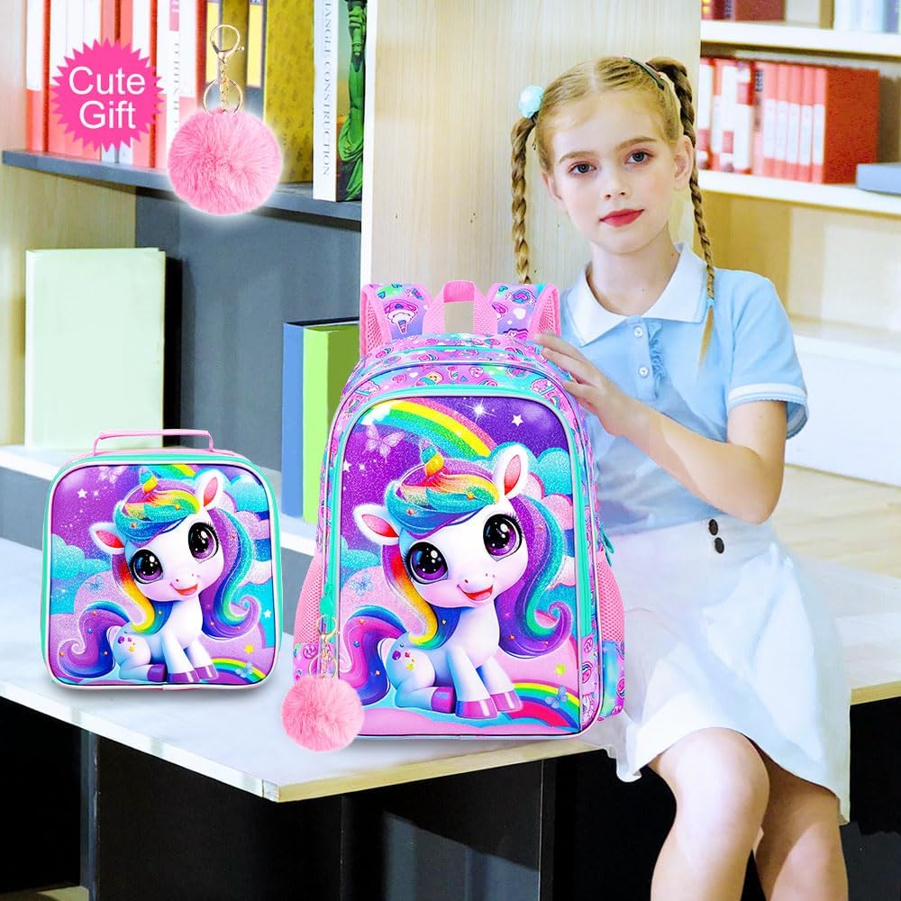 3Pcs Unicorn Backpack for Girls, 16" School Backpacks Set for Elementary Preschool Kindergarten, Kids Bookbag with Lunch Box(Pink) - Image 2