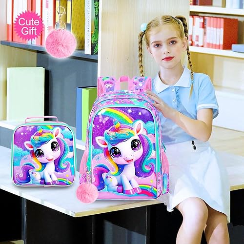 Vista 2 de Mochila de 3 piezas para niñas, 16 pulgadas con lonchera, mochilas escolares para primaria preescolar jardín de infantes, Unicornio Rosa 02, Mochila