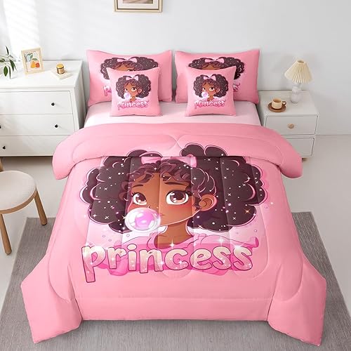 Manfei Black Skin Girl 7 PCS Comforter Set,African American Princess Bubbles Bed