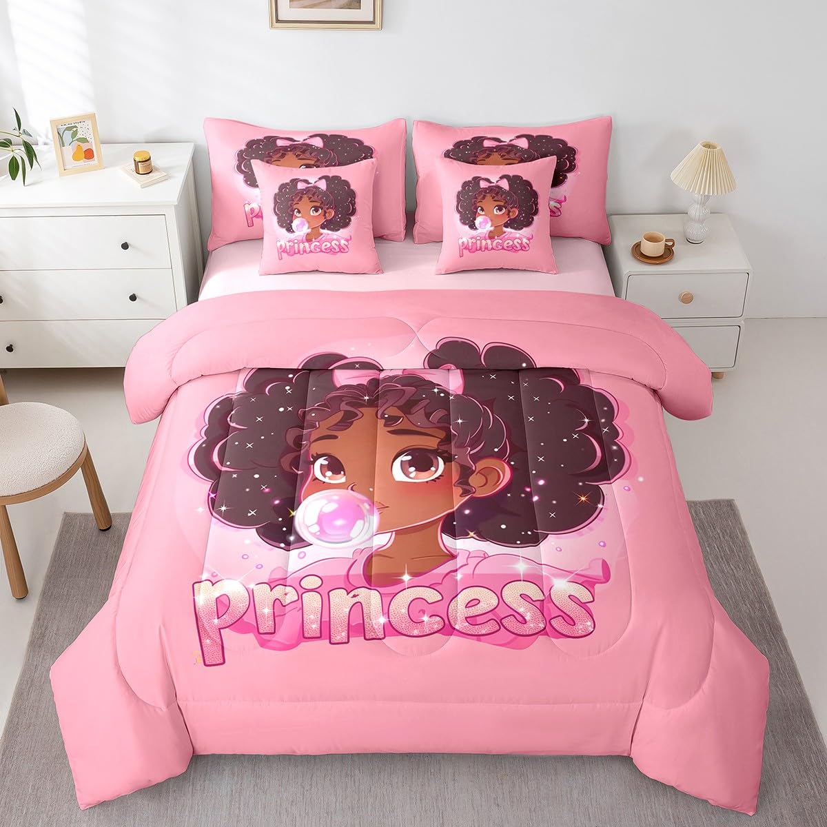 Couette fille princesse afro-américaine pour une chambre rose et noire