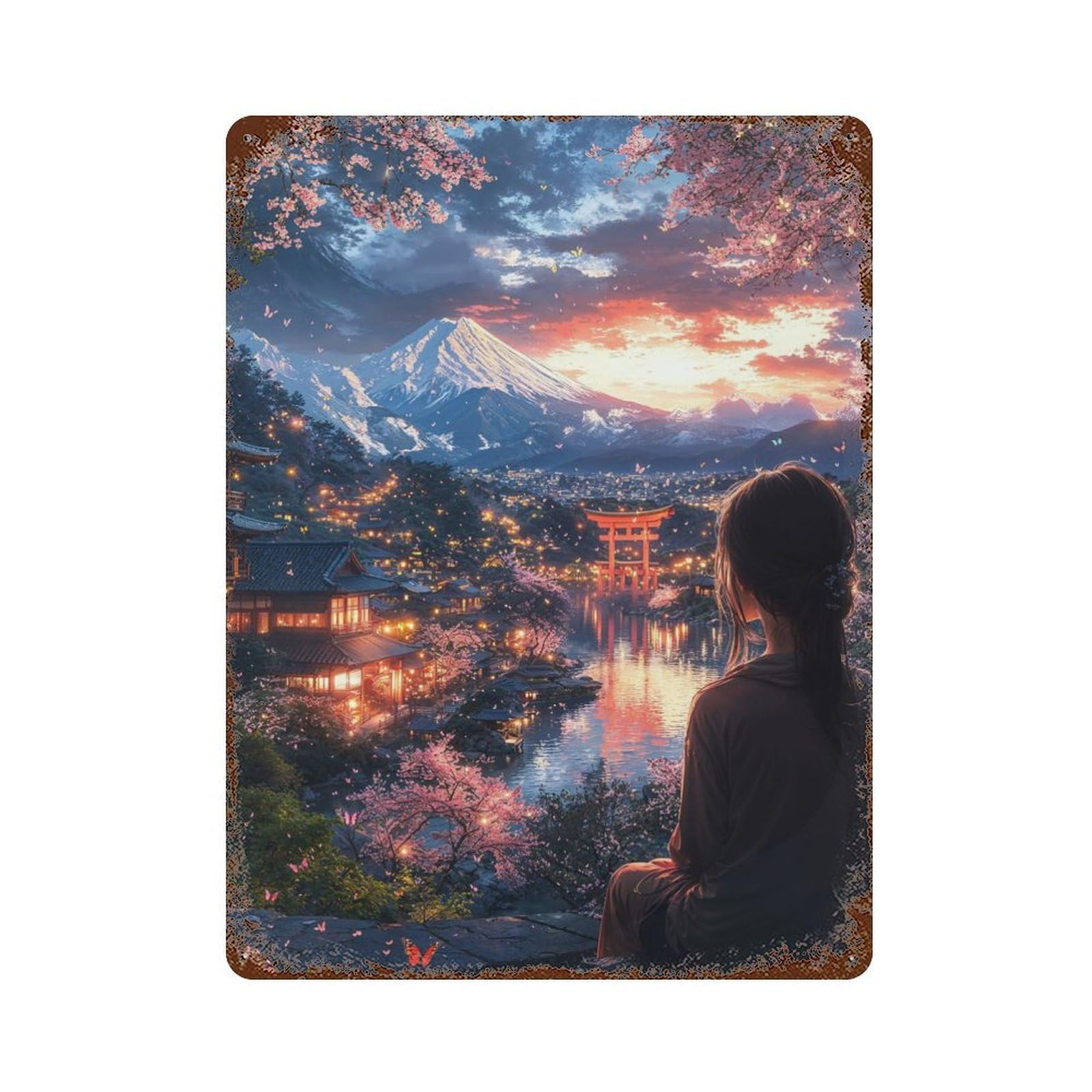 Fuji Torii Gate at Sunset Decorative Tin Sign 15.7"x11.8", for Bistro, Counter And Cafe Decor, Retro Wall Decor