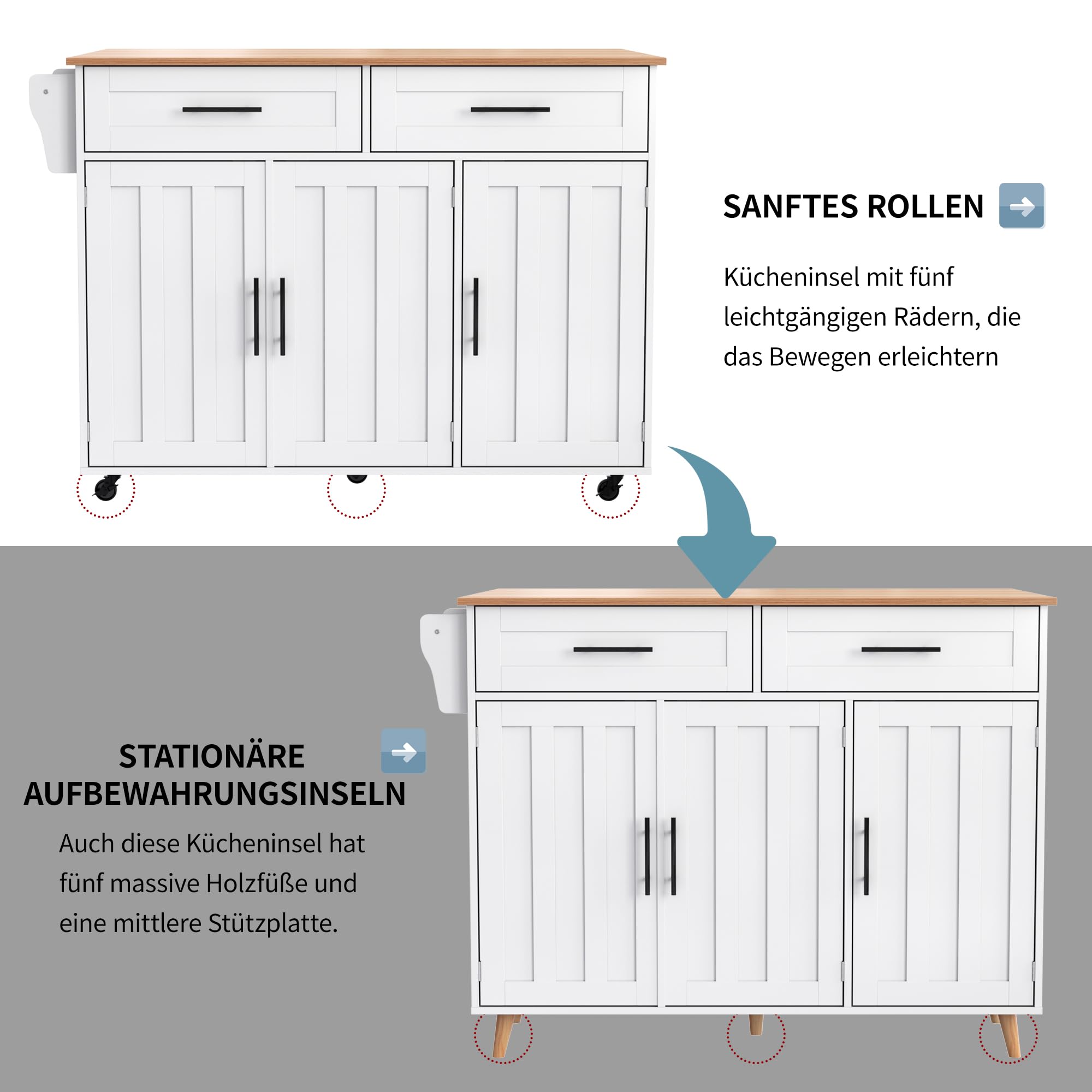 Carrello da cucina espandibile con 5 ruote, carrello di servizio versatile, 2 ripiani, bianco con ripiano, dimensioni 129 x 91,5 x 46-71 cm, perfetto per casa e sala da pranzo