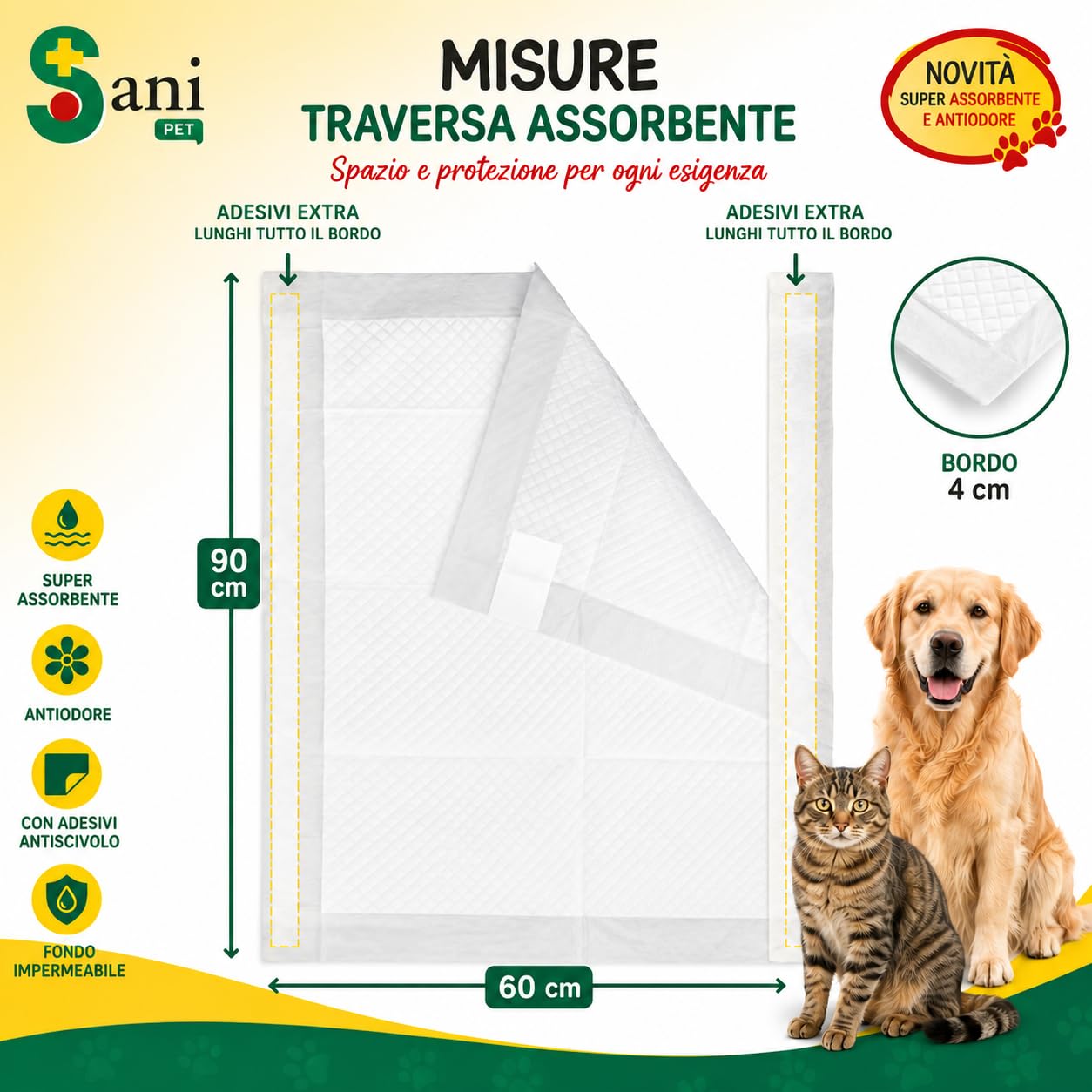 SANI PET Traverse Assorbenti 60x90 cm 100 Pezzi | Tappetini Igienici per Cani e Gatti | Adesivi Extra Lunghi | Antiodore | Fondo Impermeabile