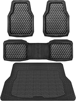 CAR PASS Heavy Duty Rubber Black Car Floor Mats & Cargo Liners, Deep Dish All-Weather Trunk Mats Durable Anti-Slip 3D Rhombus Waterproof Trim to Fit Liner Universal Fit Auto,Sedan,SUV,Truck, Black