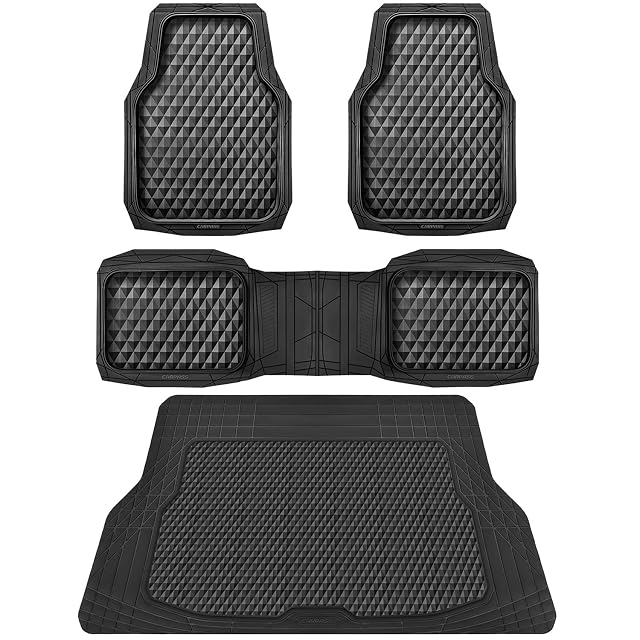 CAR PASS Heavy Duty Rubber Black Car Floor Mats Cargo Liners Deep Dish All-Weather Trunk Mats Durable Anti-Slip