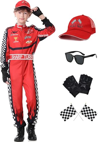 5PCS Race Car Driver Costume Boys, Racer Jumpsuit Outfits Kids with Cap Glasses Gloves Flag for Halloween