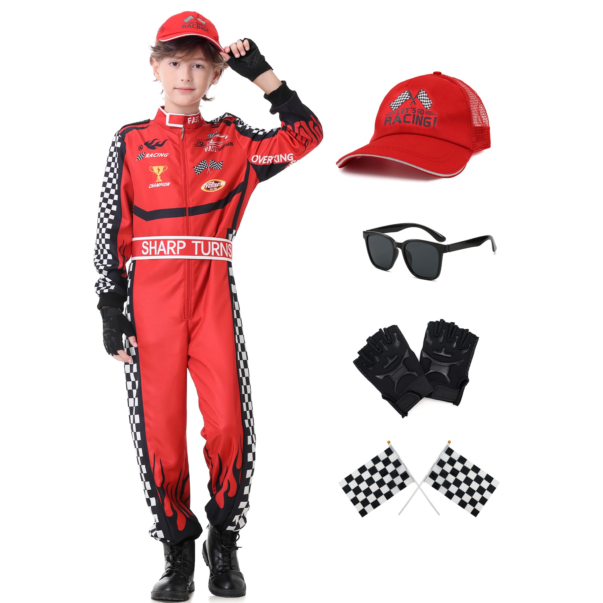 Dzorim Race Car Driver Costume Boys Racing Suit Kids Racer Jumpsuit Set with Cap Medals Glasses Gloves for Halloween (Red, 150)