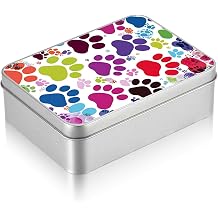 Small Metal Tin Box with Lid, Rectangular Silver Metal Storage Container, 4.92" 3.54" 1.57" Gift Decorative Empty Box, Colorful Dog Paws