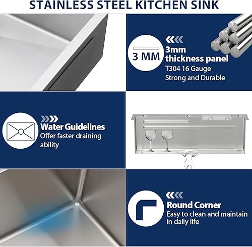 Miniatura 156 de Lordear - Fregadero de cocina encajado de 21 x 20 x 10 pulgadas, tipo bar, de acero inoxidable de calibre 16, con una sola cubeta, para exteriores