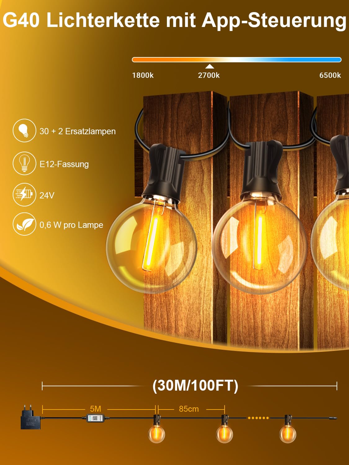 Lichterkette Outdoor 30m, G40 LED Lichterkette Außen Strom | Fernbedienung & App-Steuerung, Musik Sync, 4 Modi, Dimmbar und Timer, IP44 wetterfest, Lichterketten für Garten Balkon Party