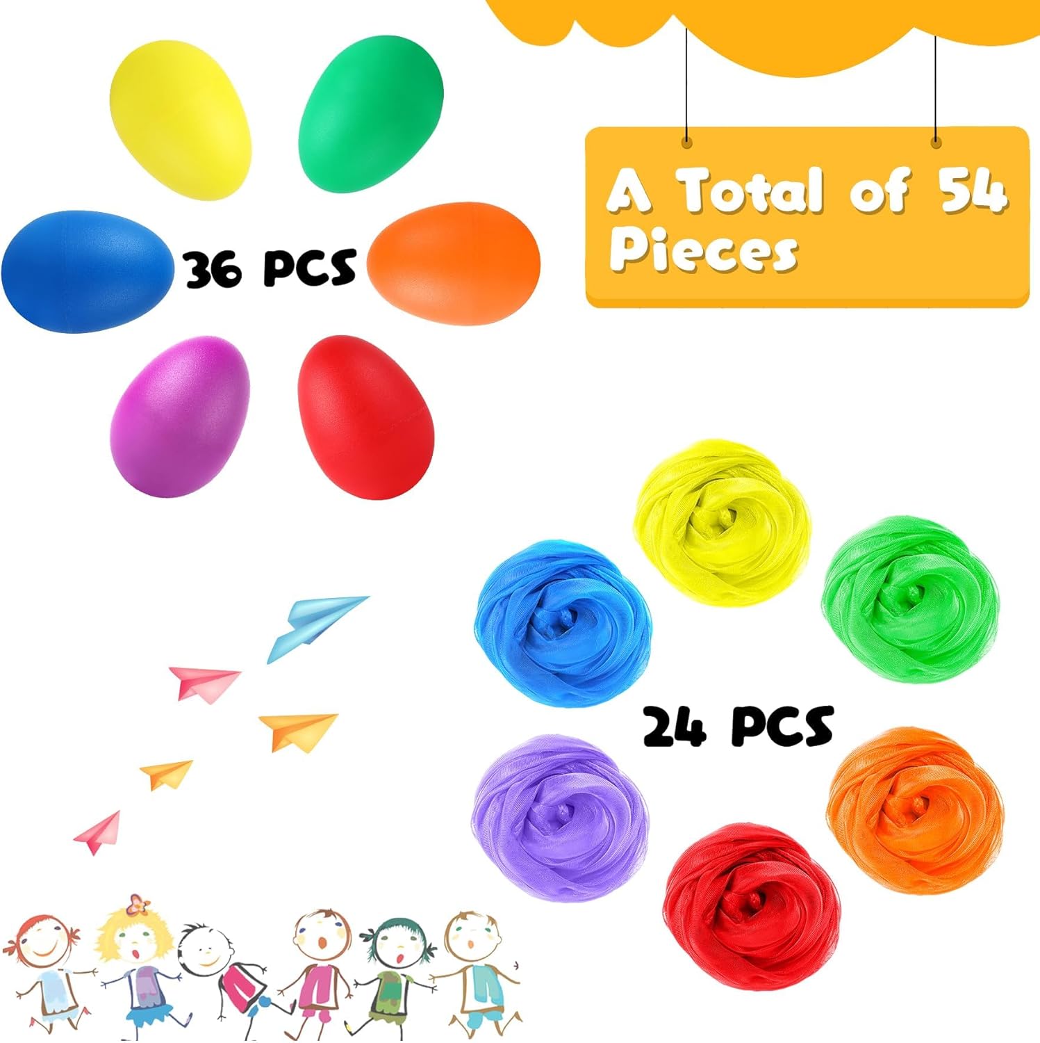 Augshy 60 Pcs Egg Shaker Musical Instruments for Kids, 36 Packs Maracas Eggs with 24 Packs Dance Scarves for Kids Music Learning Birthday Gifts Christmas Easter Party Favors