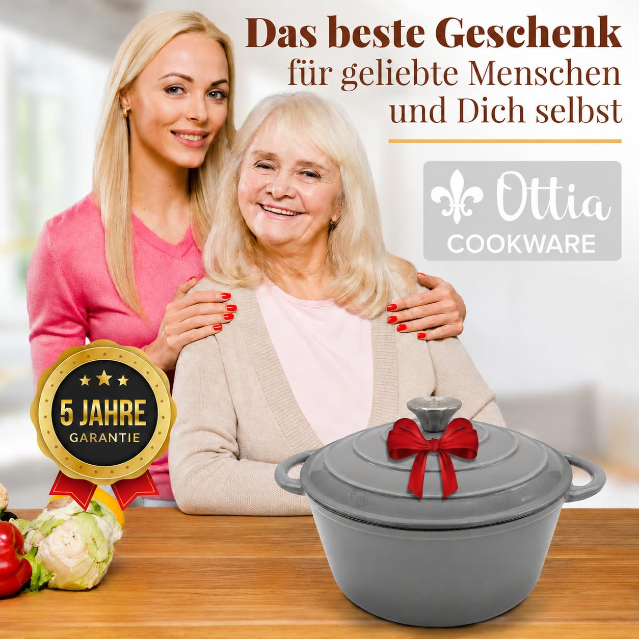 Ottia Gusseisen Topf [inkl. eBook] – Emaille Topf 26cm - Dutch Oven, Brotbackform, Brotbacktopf, Schmortopf Bräter mit Deckel, Bratentopf - auch für Induktion | Händler aus HH, Grau