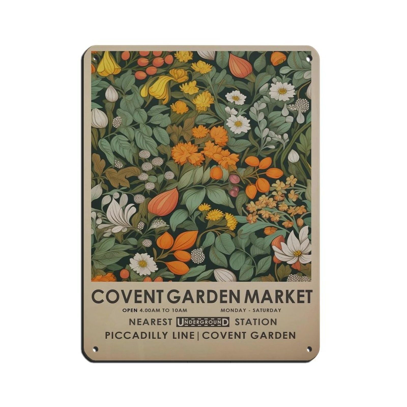 Covent Garden Flower Market, Orange Botanical Art Retro Poster Metal Tin Sign Chic Art Retro Iron Painting Bar People Cave Cafe Family Garage Poster Wall Decoration 12x16inch(30x40cm)