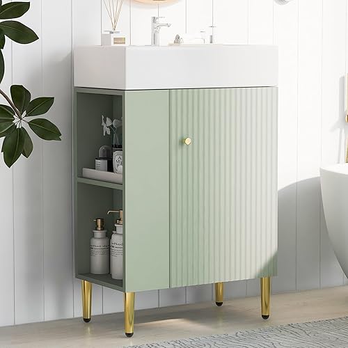Miniatura 8 de Henf Conjunto de lavabo y lavabo de baño blanco de 22 pulgadas, juego de lavabo de baño de una sola puerta con estante de almacenamiento lateral