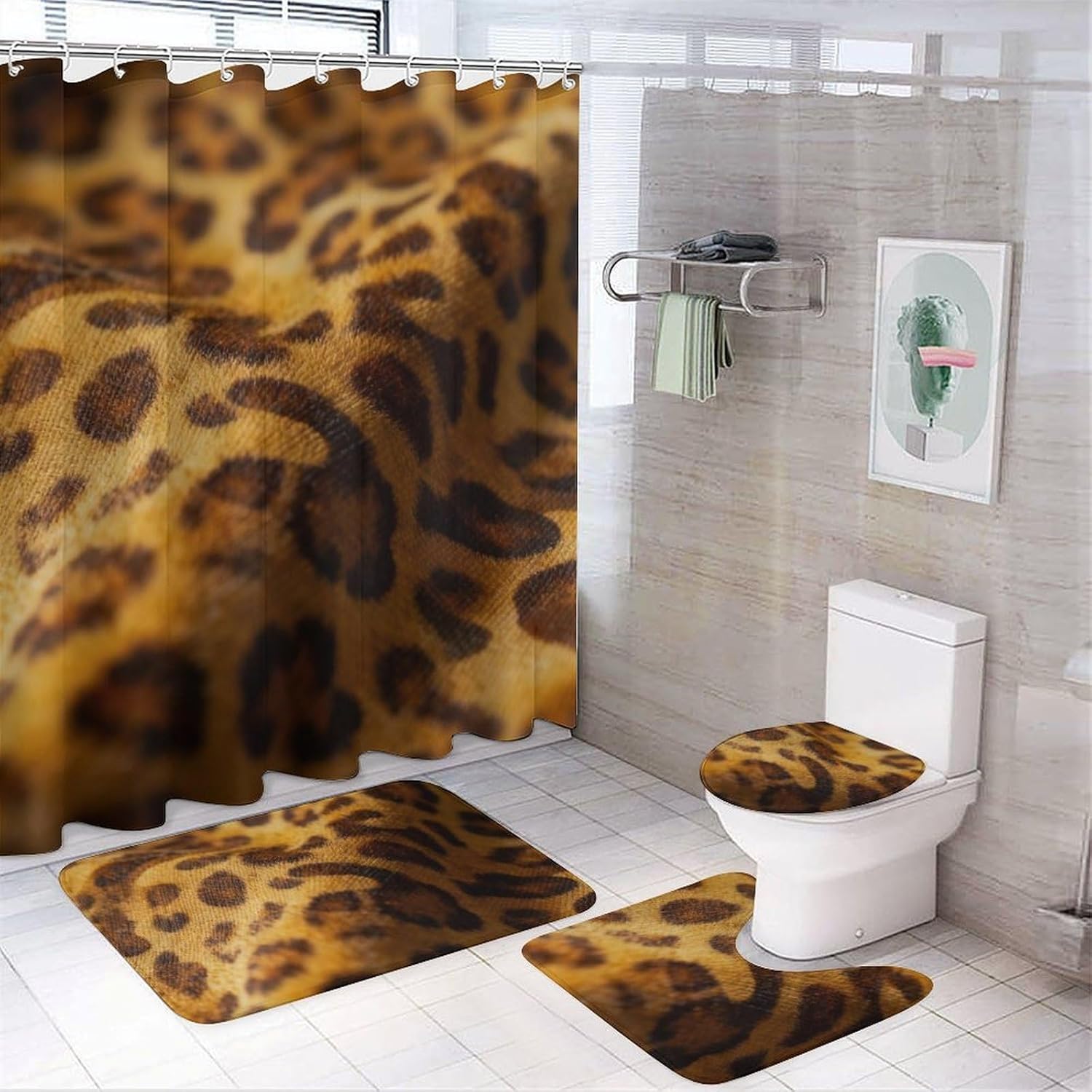 4 Piece Bathroom Rug Set with Shower Curtain, Non-Slip Bath Mat Toilet Cover Set, Leopard Print Bathroom Rug Sets