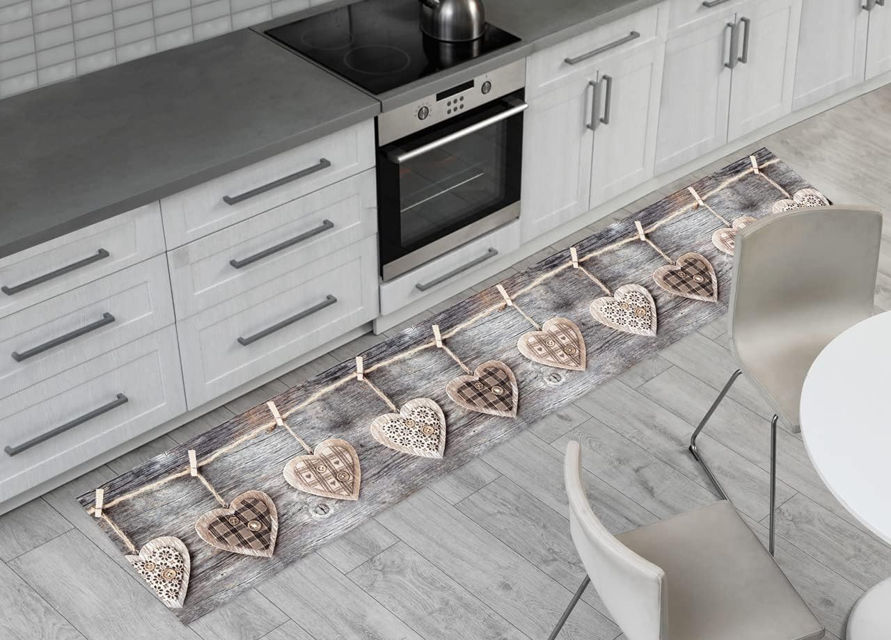 BIANCHERIAWEB Kitchen Rug Non-Slip Grey, Kitchen Runner Size 50 x 230 cm, Kitchen Lane Made in Italy with Digital Heart Print, Cutable Carpet with Anti-skid Fabric