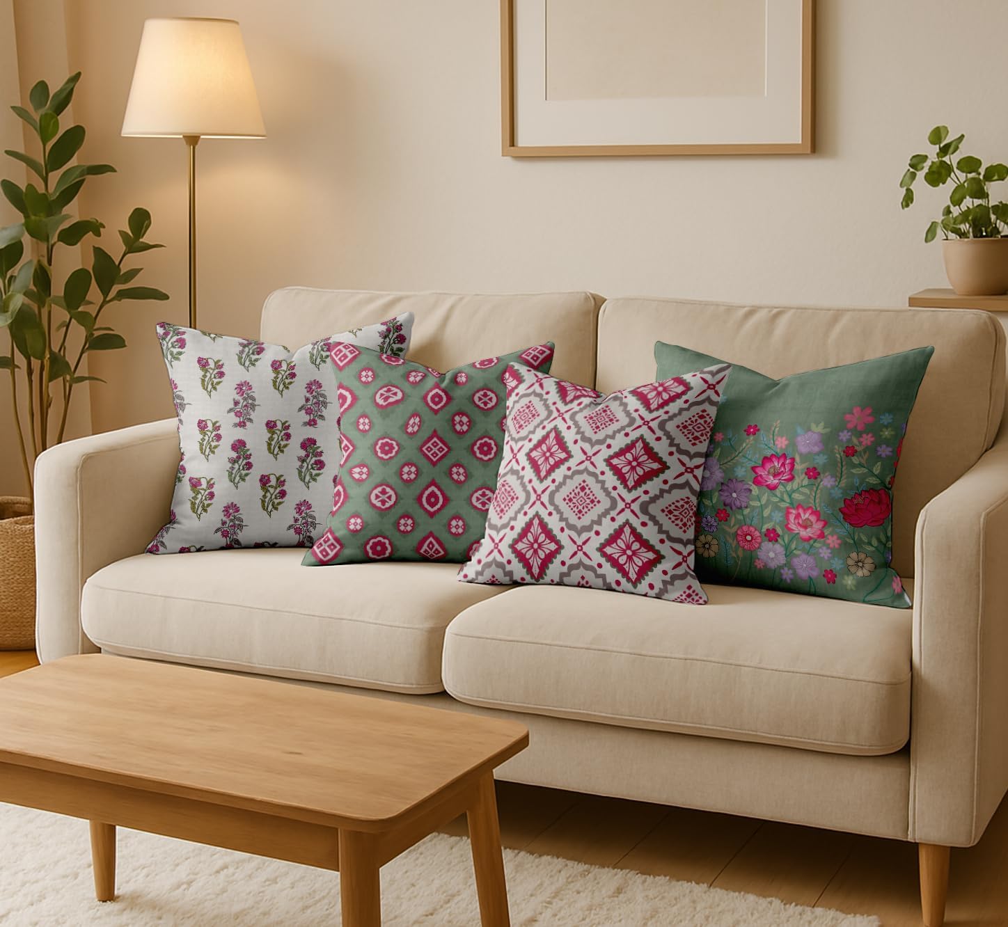 Set of 4 16x16 Cotton Cushion Covers - Decorative Reversible Pillow Covers with Concealed Zipper - Filler Not Included - Floral Print, Green