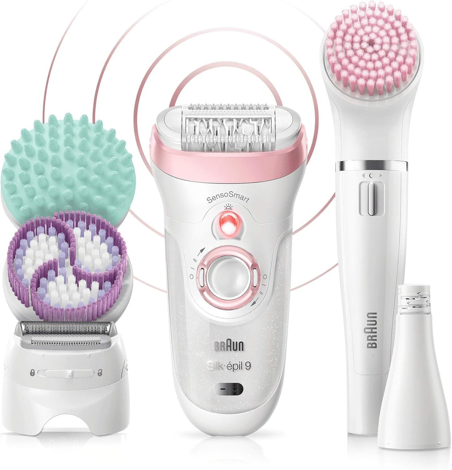 Silk-épil 9 Beauty Set, Women's Epilator/Hair Remover, FaceSpa Facial Hair Remover, Attachments for Razor, Exfoliation, Cleansing Face/Body, Bag, 9-995, White/Flamingo