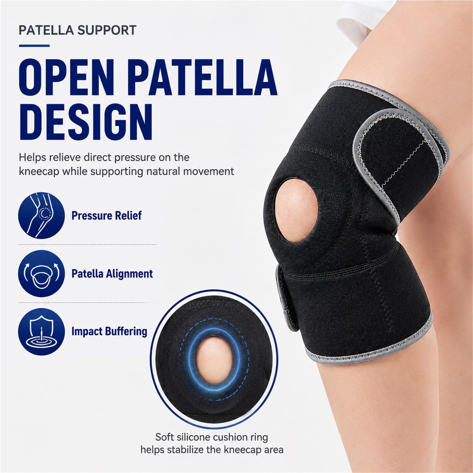 Kniebandage mit offener Patellastabilisierung zur Linderung von Meniskusrissen und Arthritissymptomen. Verstellbare Kompressionsbandage mit Gelpolster für die Rehabilitation nach Sportverletzunge