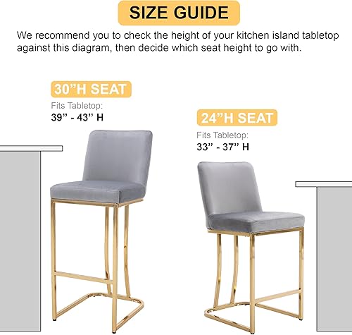Miniatura 9 de Wahson Juego de 2 taburetes de bar dorados de 24 pulgadas de alto, taburetes tapizados de terciopelo para altura de mostrador, taburetes de bar de