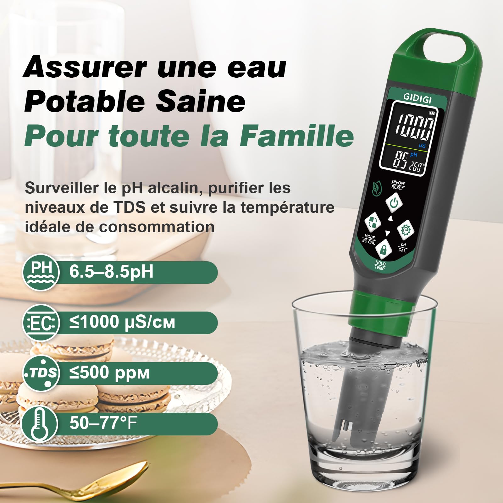 Testeur de pH numérique, testeur de PPM pour l’eau, testeur de pH 4 en 1 avec écran couleur, stylo pour tester la qualité de l’eau pH, EC, TDS et temp, adapté pour hydroponie, piscine, eau potable
