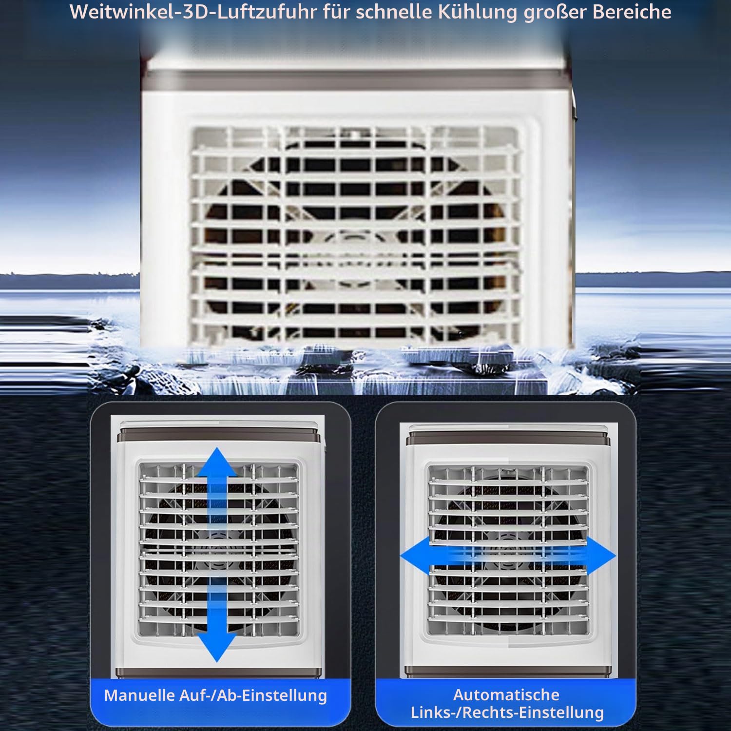 Tragbarer Verdunstungskühler mit digitalen Rädern und Fernbedienung Tankkapazität 30 l Ventilator Kaltluftventilator 120° schwenkbar für Zuhause Büro