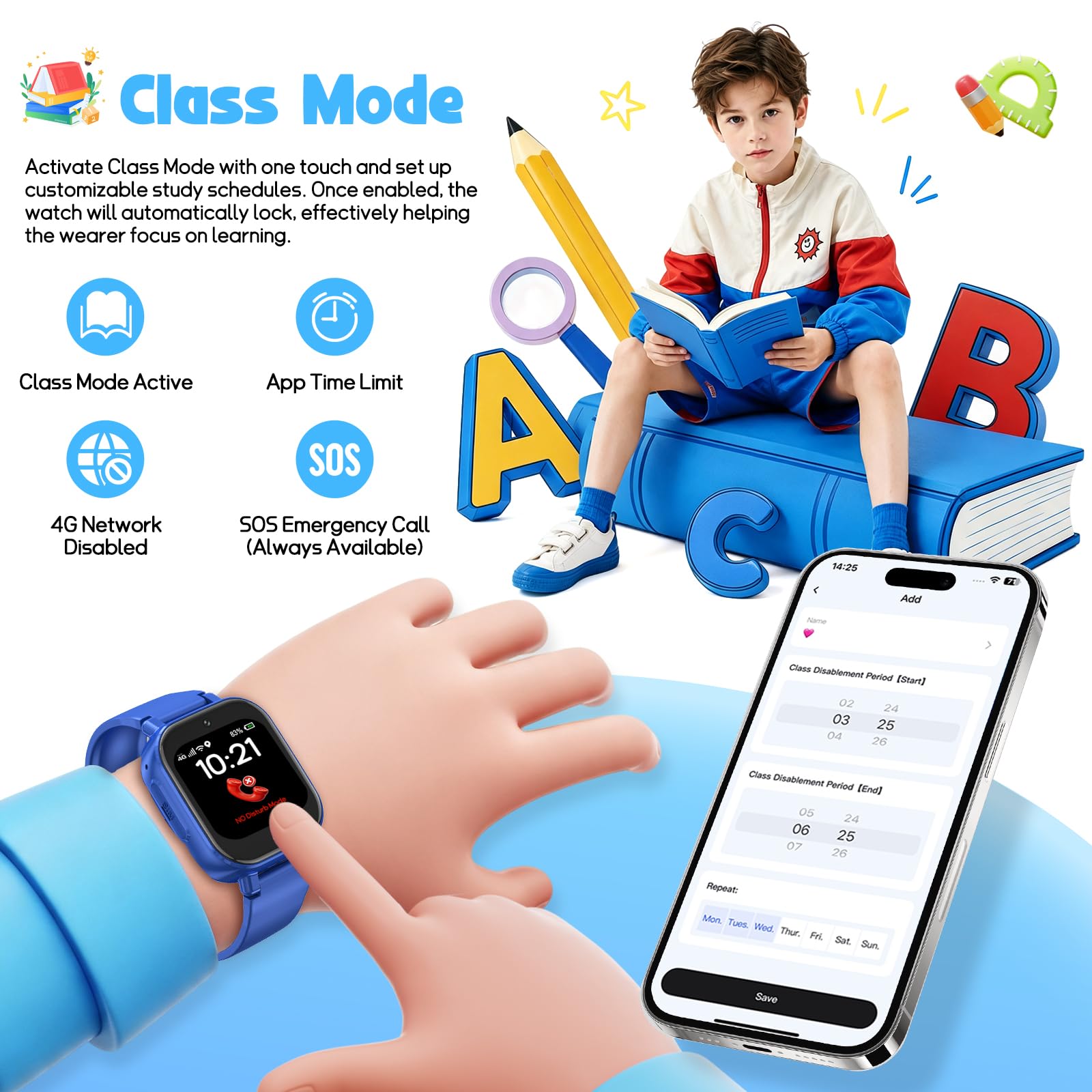 4G Montre Connectée Enfant, Smartwatch Téléphone pour Filles Garçons avec GPS Appel Vidéo SOS WiF Chat Vocal SMS Mode Classe Révei Podomètre Montre Intelligente Enfants Cadeau 4-12 ans，Bleu clair