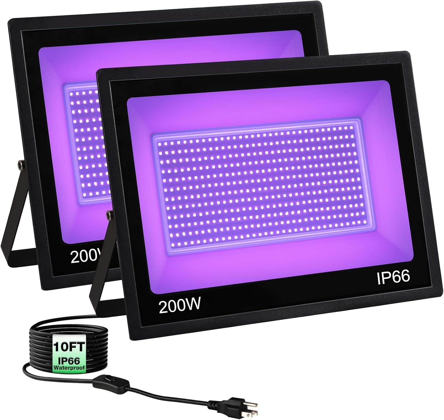 200W IP66 Blacklight Flood Light for Party + 10ft Cable, Waterproof Outdoor LED for Glow in The Dark, Blacklight Party, Christmas, Birthday, Dance, 2 Pack