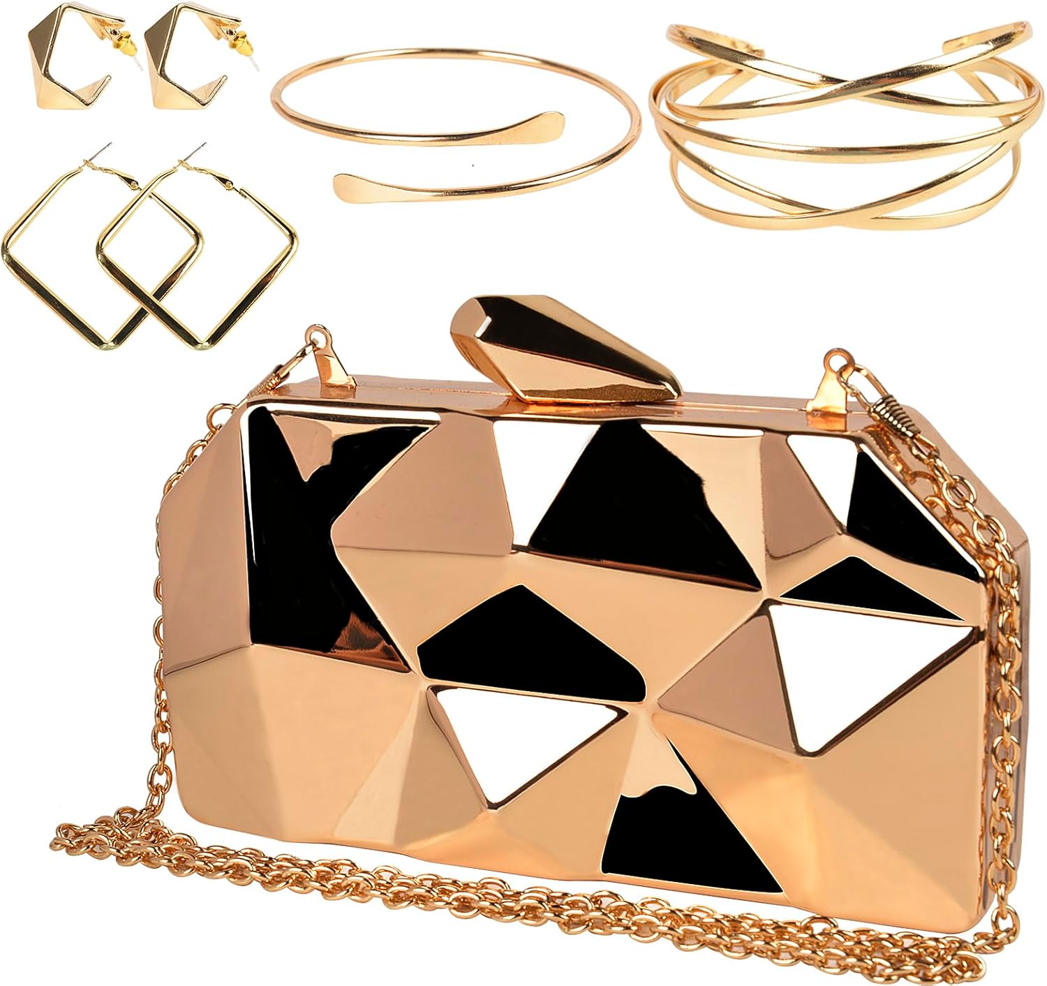 Women Lattice Gold Clutch Purses - Geometric Lattice Metal Clutch Evening Bag Women Golden Stone Cut Clutch Purse for Party