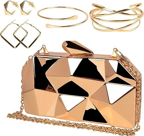 QZUnique Bolso de mano de metal con diseño geométrico de noche con cadena de corte de piedra abstracta para mujer Negro, A-silver, negro, dorado,