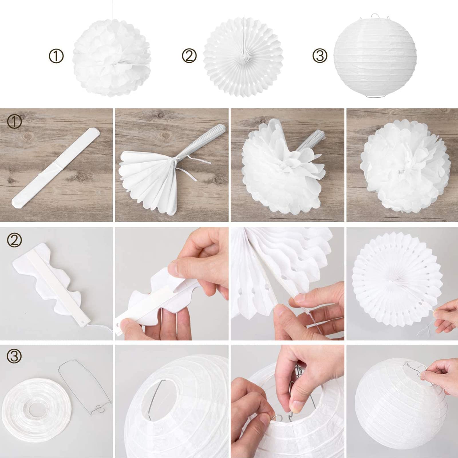 Seidenpapier-Pompons In Champagner, Elfenbein & Weiß – 12 Stück, 3 Größen