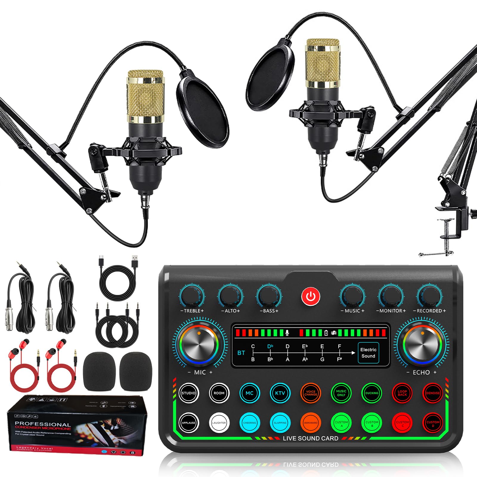 Podcast, microfono bundle, studio completo di registrazione con 2 microfoni, podcasting e distorsione vocale, mixer audio all-in-one perfetto per streaming live, podcast, registrazione, canto, gioco