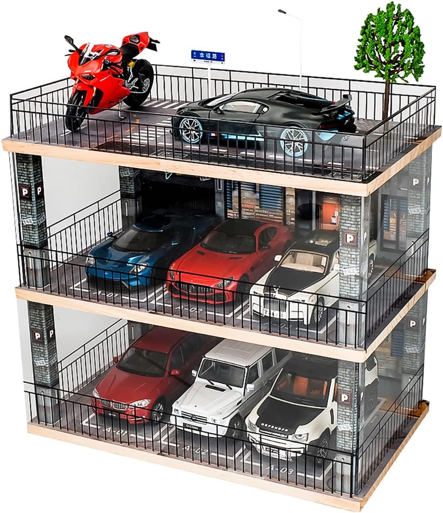 kivcmds 1:24 Scale Car Model Display Case with Parking Lot Scene for Sports Car and Lego Collectors, Display Stand for Alloy Car Model Toy with Light (3-Tiers Coffee Shop Parking Lot)