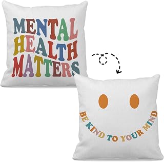 Mental Health Matters Be Kind to Your Mind Smiley Face Reversible Throw Pillow Cover 18"x18",Mental Health Decorative Cushion Cover for Therapy Office Classroom Home,Mental Health Awareness Gifts