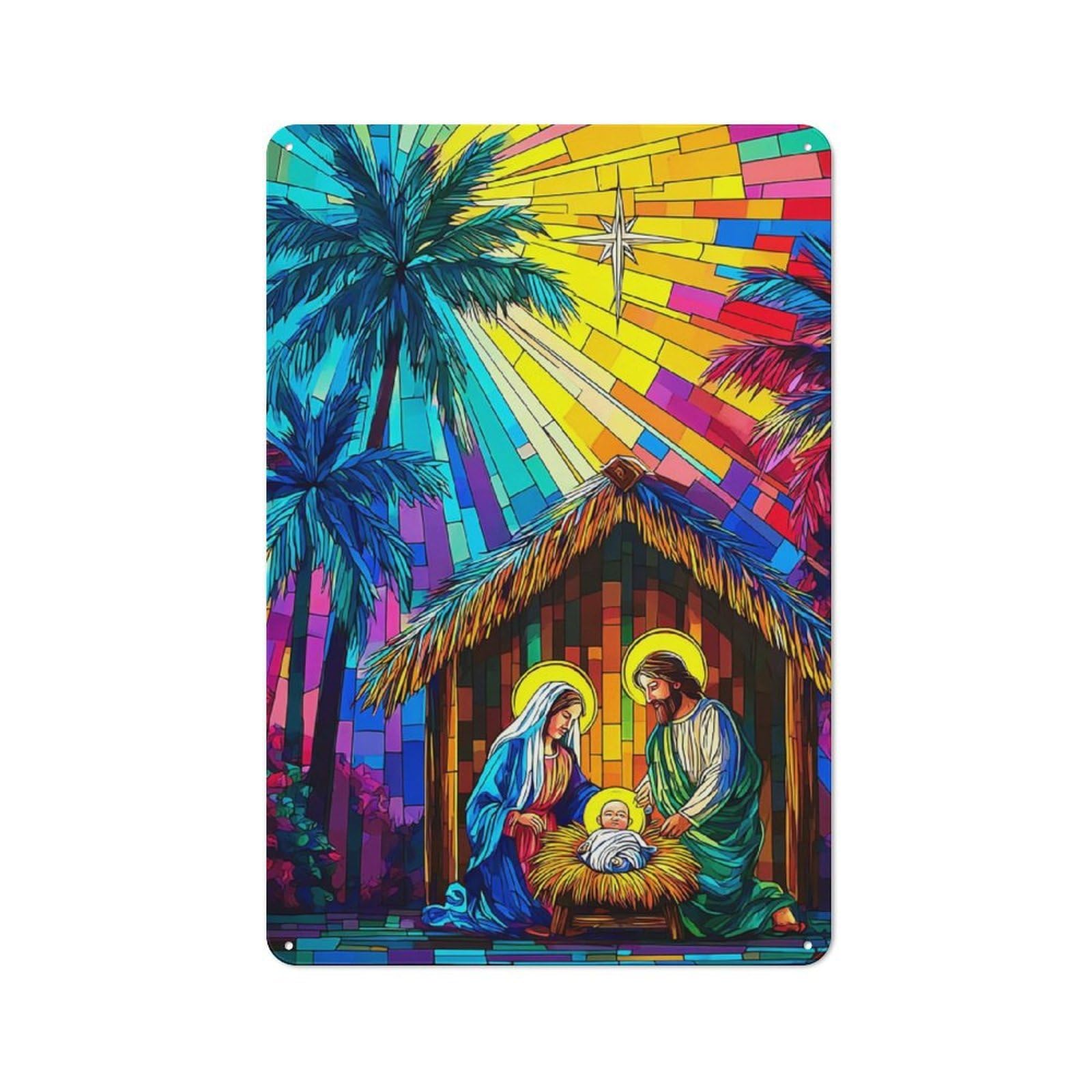 Junmoney Colorful Nativity Scene With Palm Trees -1 Metal Wall Sign 30X20cm Featuring For Bar Or Restaurant, For Bar Decor Enthusiasts